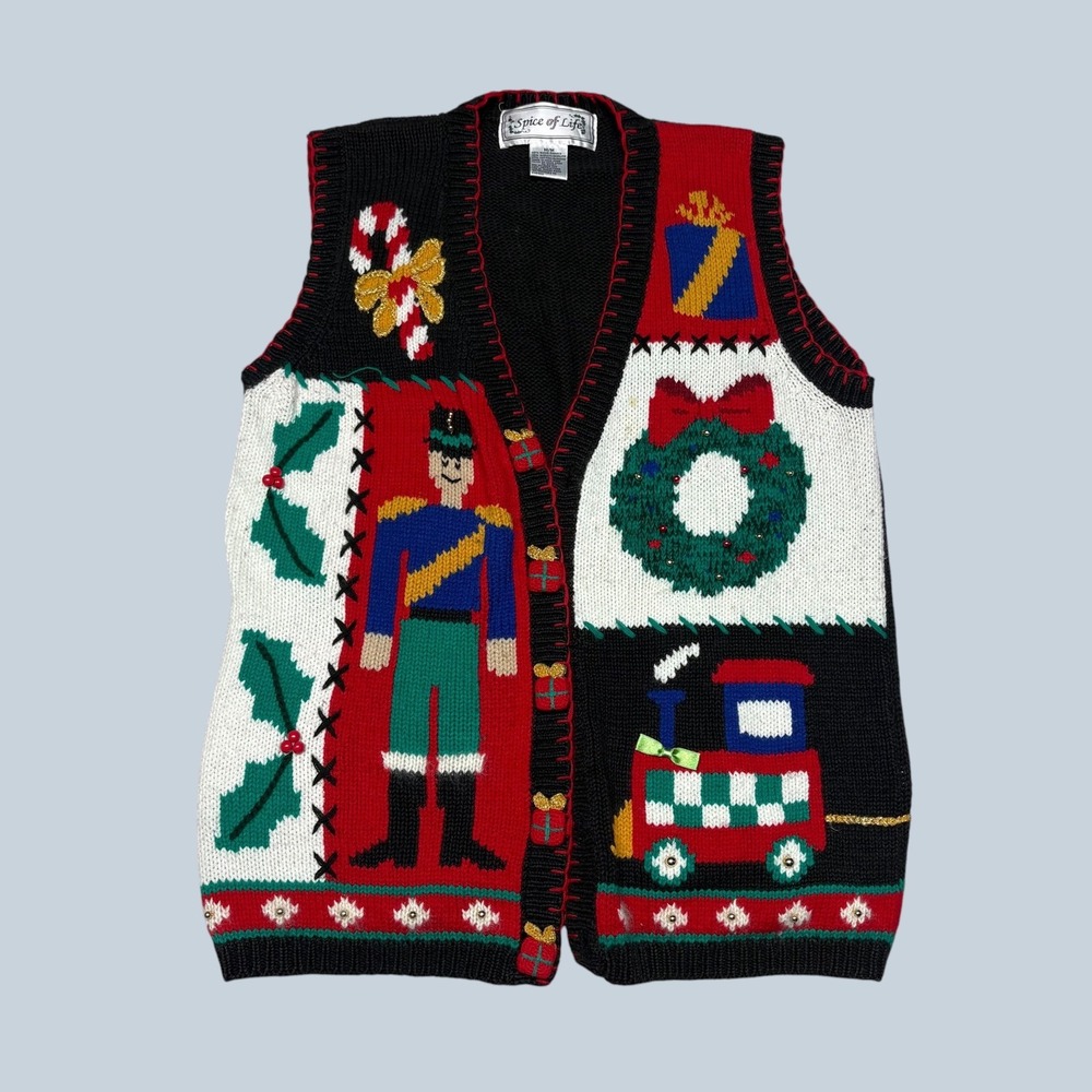 Spice of Life Vintage Christmas Sweater Vest Nutcracker Train Wreath Black M